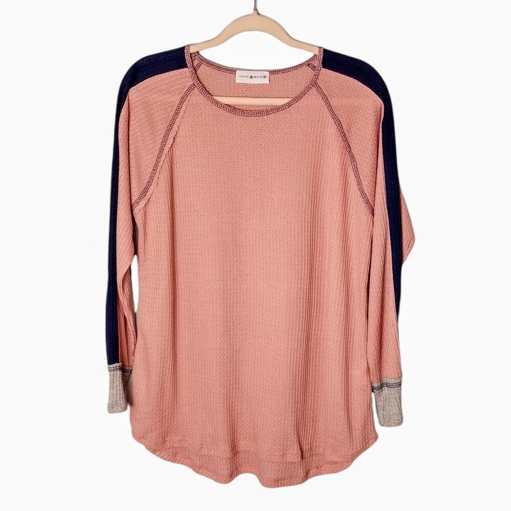 COCO & MAIN Womens Sz M Pink Blue Gray‎ Waffle Knit Pullover Top Long Sleeve